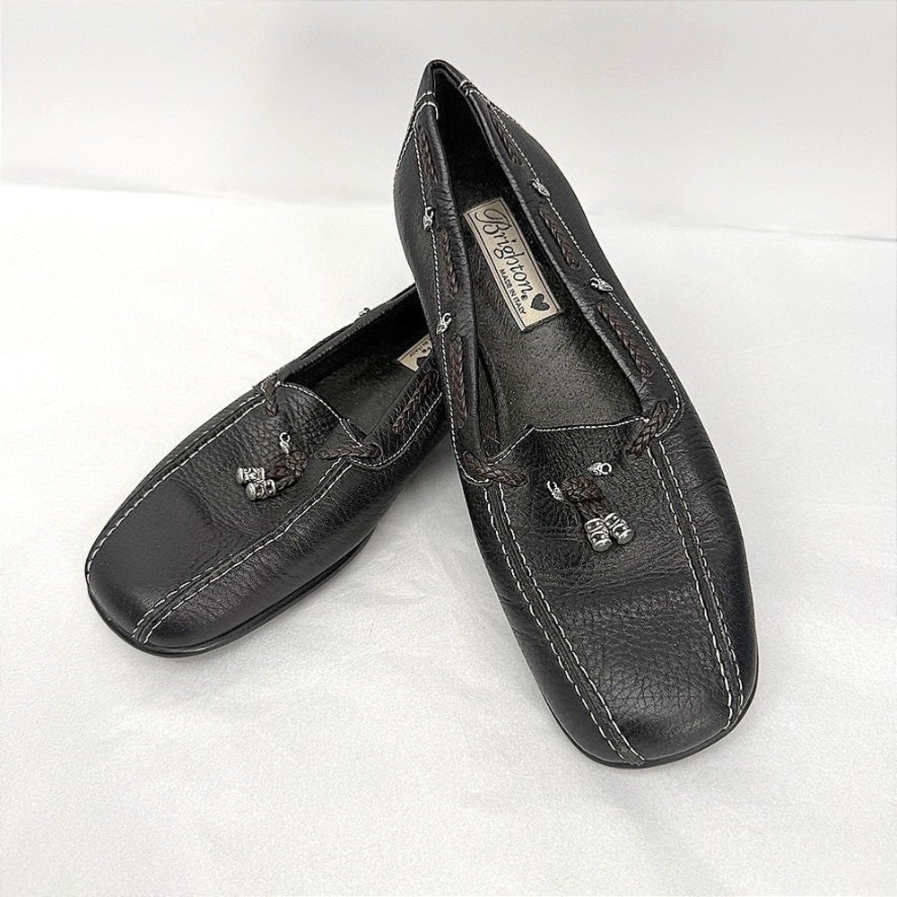 Brighton Ulani Leather Loafers Black Silver Heart Charms Casual Flat Size 8.5M